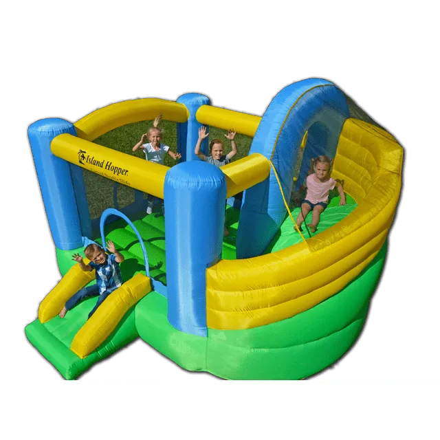 Island Hopper Curved Double Slide Recreational Kids Bounce House with Safe Return Curved Slide and Climbing Wall