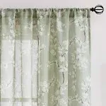 FMFUNCTEX Green Sheer Curtains for Living-Room White Blossom Print On Flax Linen Blend Window Drapes 63" 2 Panels, Sage, Rod