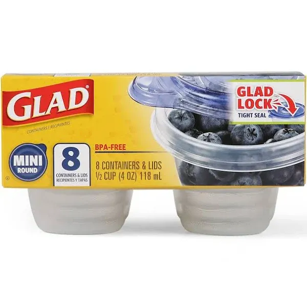 Glad Containers & Lids, Mini Round, 1/2 Cup - 8 containers & lids