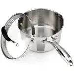 AVACRAFT Stainless Steel Saucepan with Glass Lid, Strainer Lid, Two Side Spouts 