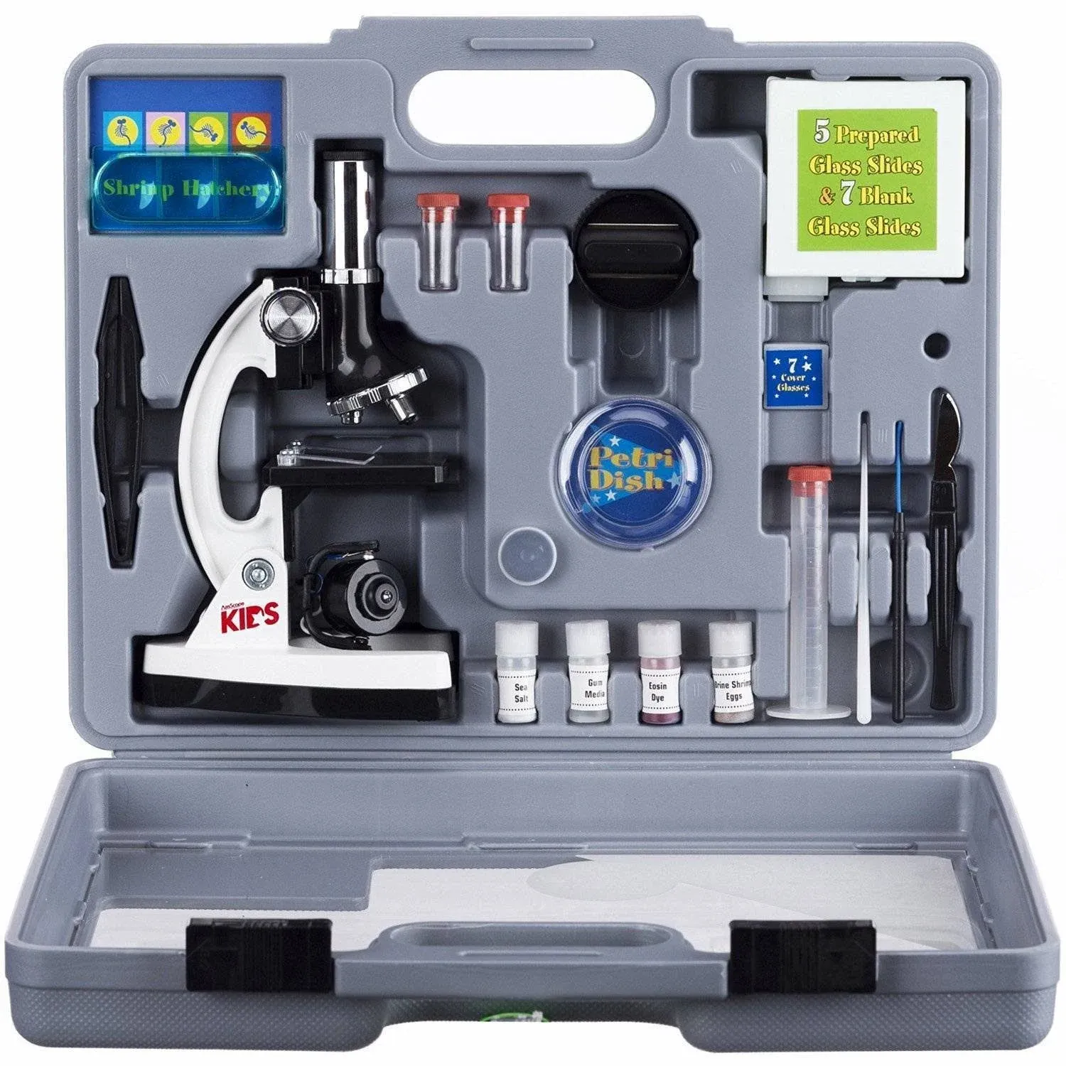 IQCrew By AmScope M30 Series 52-pcs STEM Microscope Kit for Kids 120X-1200X Magnification with Metal Body, Plastic Slides, LED Light and Storage Box